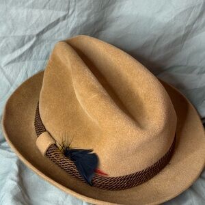 Macy's Tan Fedora with Brown Band and Feather Accent